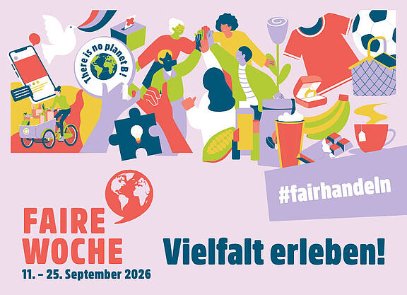 Eine grafisch-illustrative Darstellung von Figuren und Gegenständen zum Thema Fairtrade