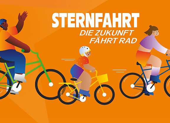 Die Illustration zeigt drei Radfahrebde und die Überschrift Sternfahrt