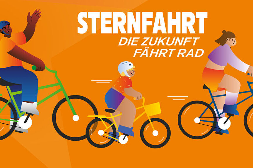 Sternfahrt NRW 2026 Die Illustration zeigt drei Radfahrebde und die Überschrift Sternfahrt