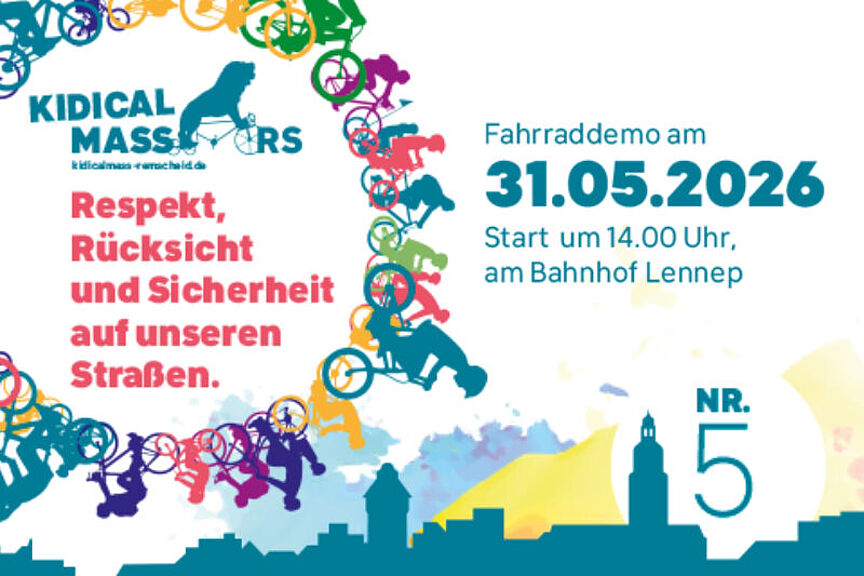 Kidical Mass 2026 Das Bild zeigt das Aktionsmotiv zur 5. Kidical Mass Remscheid und das Datum, den 31.05.2026