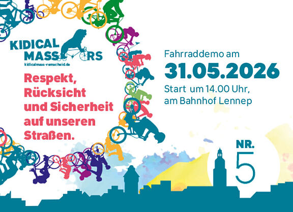 Das Bild zeigt das Aktionsmotiv zur 5. Kidical Mass Remscheid und das Datum, den 31.05.2026