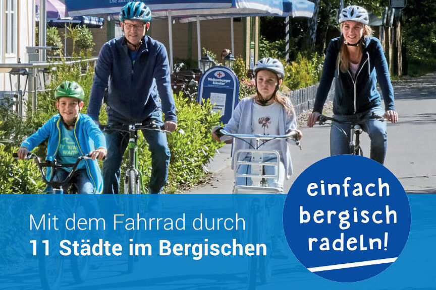 Bergisches Trassentreffen 2026 Das Bild zeigt eine Familie mit zwei Kindern auf einem sonnigen Radweg im Bergischen
